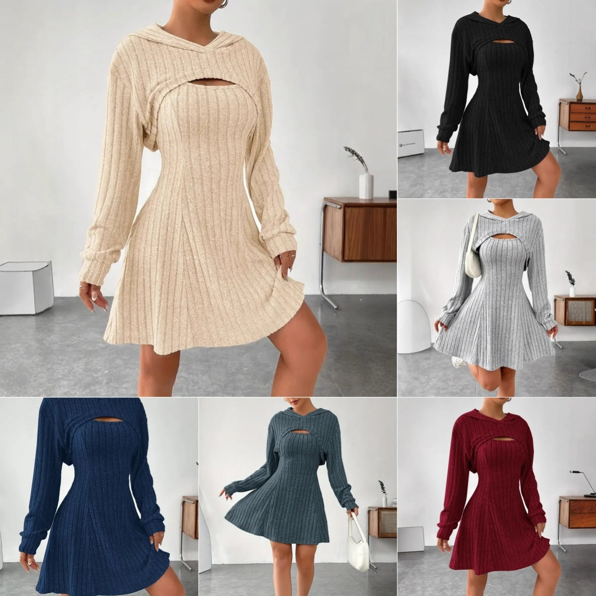 Women's Two-piece Set Dresses New Fashion Fall Winter Hooded Shawl Long-sleeved Vest Short Skirt - kinko