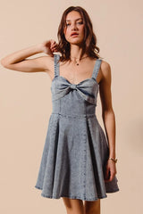 SO ME Mineral Washed Bow Ribbon Denim Flare Dress - kinko