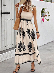 Smocked Printed Wide Strap Maxi Dress - kinko