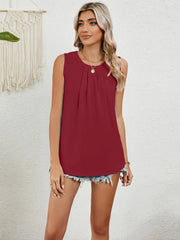 Round Neck Sleeveless Top with Pleated Front Detail - kinko