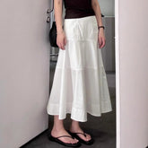 Women's White High Waisted Spliced Cotton Mid Length Skirt - kinko