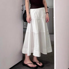 Women's White High Waisted Spliced Cotton Mid Length Skirt - kinko