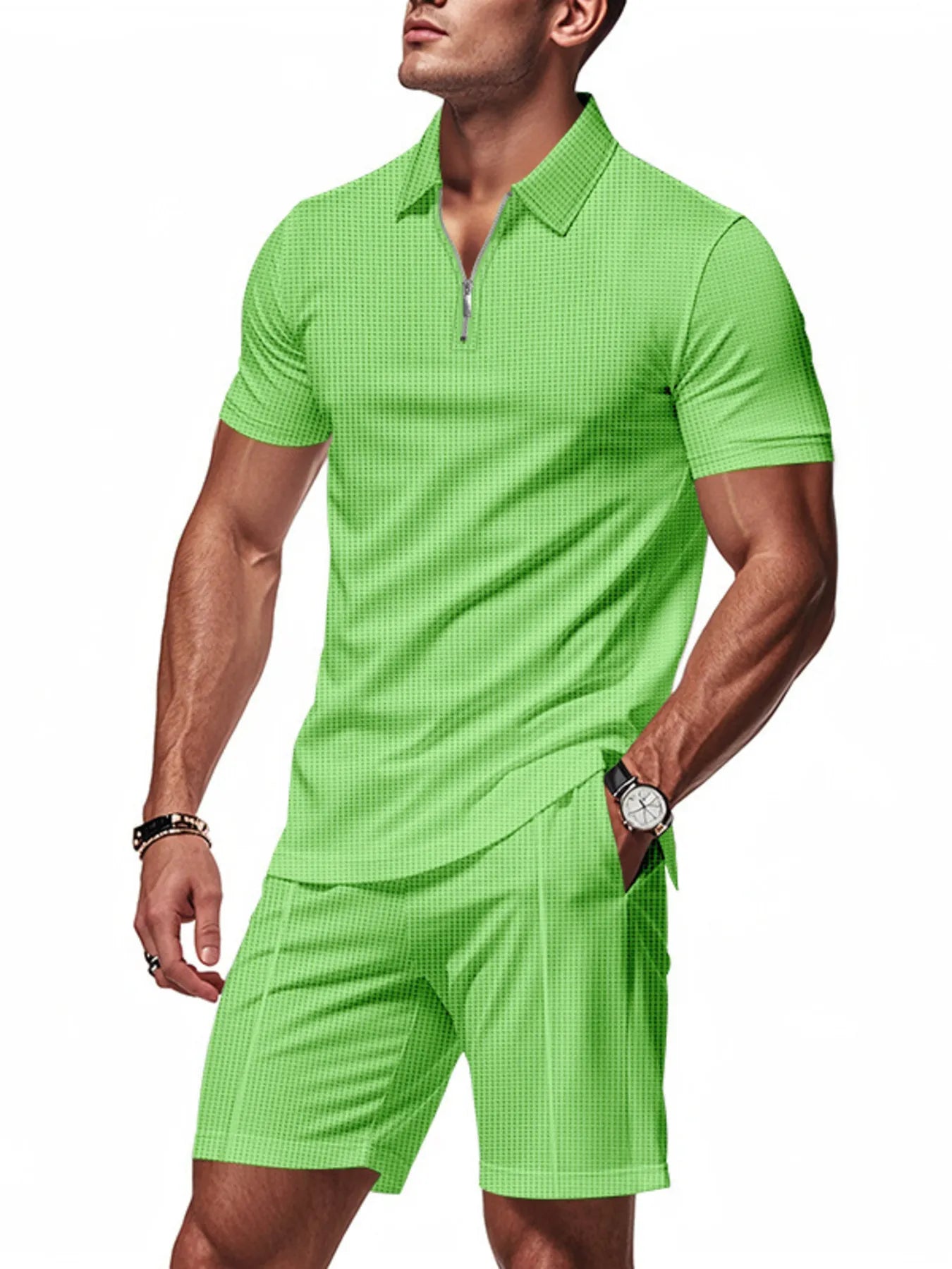 Men's Plus Size Quarter Zip Short Sleeve Top and Shorts Set - kinko