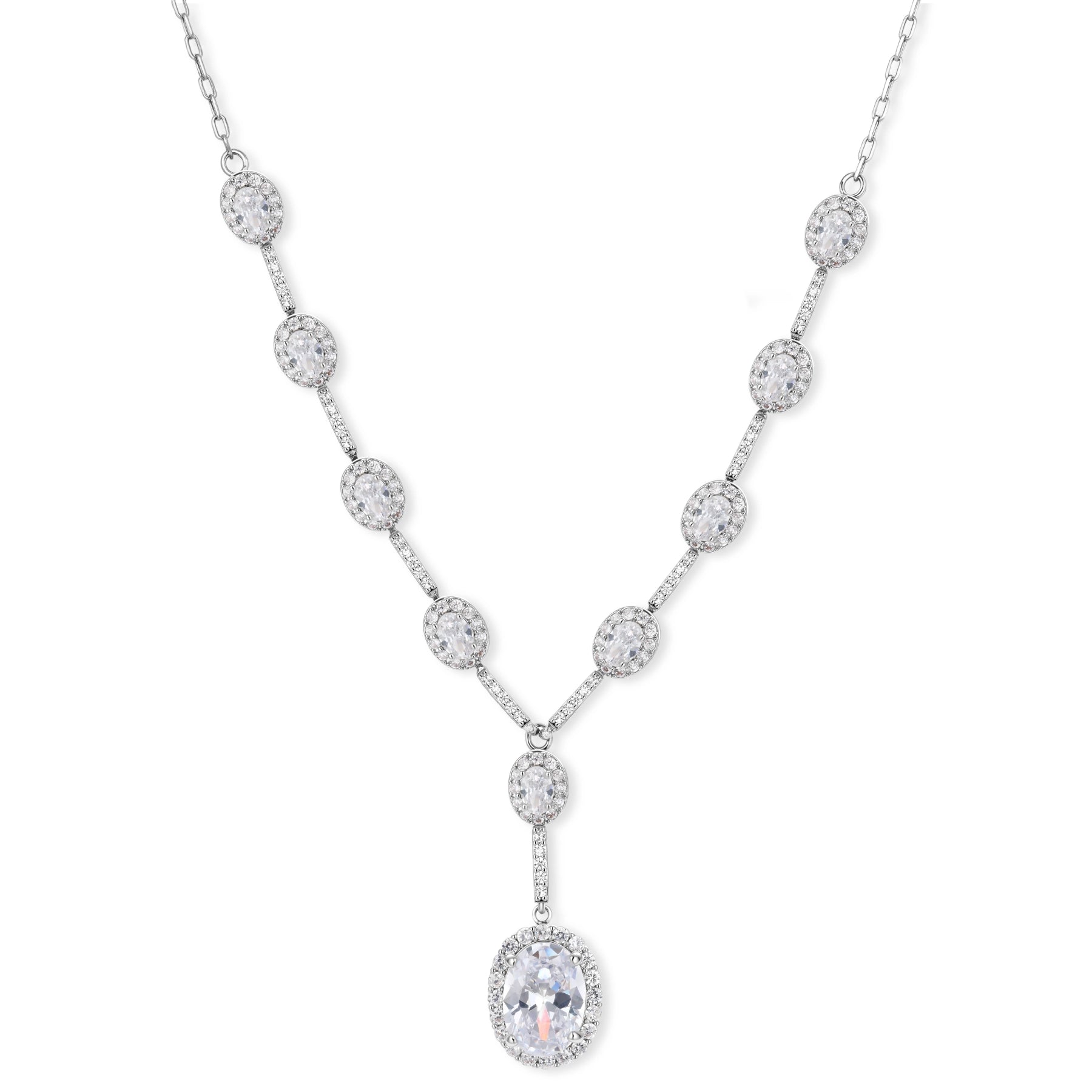 Elegant white gold plated jewelry set with oval cubic zirconia stones in halo settings, featuring Y-necklace and drop earrings.
