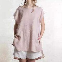 Round Neck Front Short Back Long Short Sleeve Top For Women - kinko