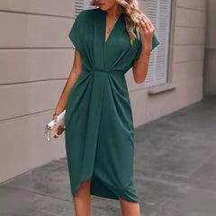 Summer Batwing Sleeve Dress Fashion V-neck Short Sleeve Pleated Dresses Womens Clothing - kinko