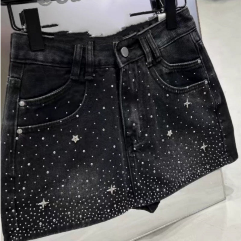 Retro Rhinestone Bright Star River Slim-fit Slimming Denim Skirt - kinko