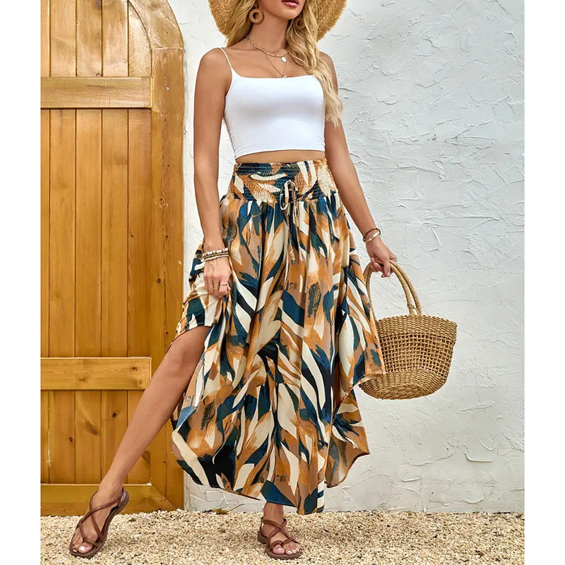 Women's High Elastic Waist Midi Skirt Casual Summer Trendy Tie Front Flowy Floral Print Beach Long Skirt - kinko
