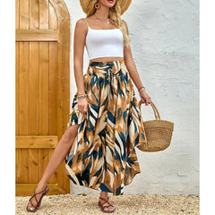 Women's High Elastic Waist Midi Skirt Casual Summer Trendy Tie Front Flowy Floral Print Beach Long Skirt - kinko