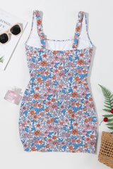 Drawstring Printed Wide Strap Swim Dress - kinko