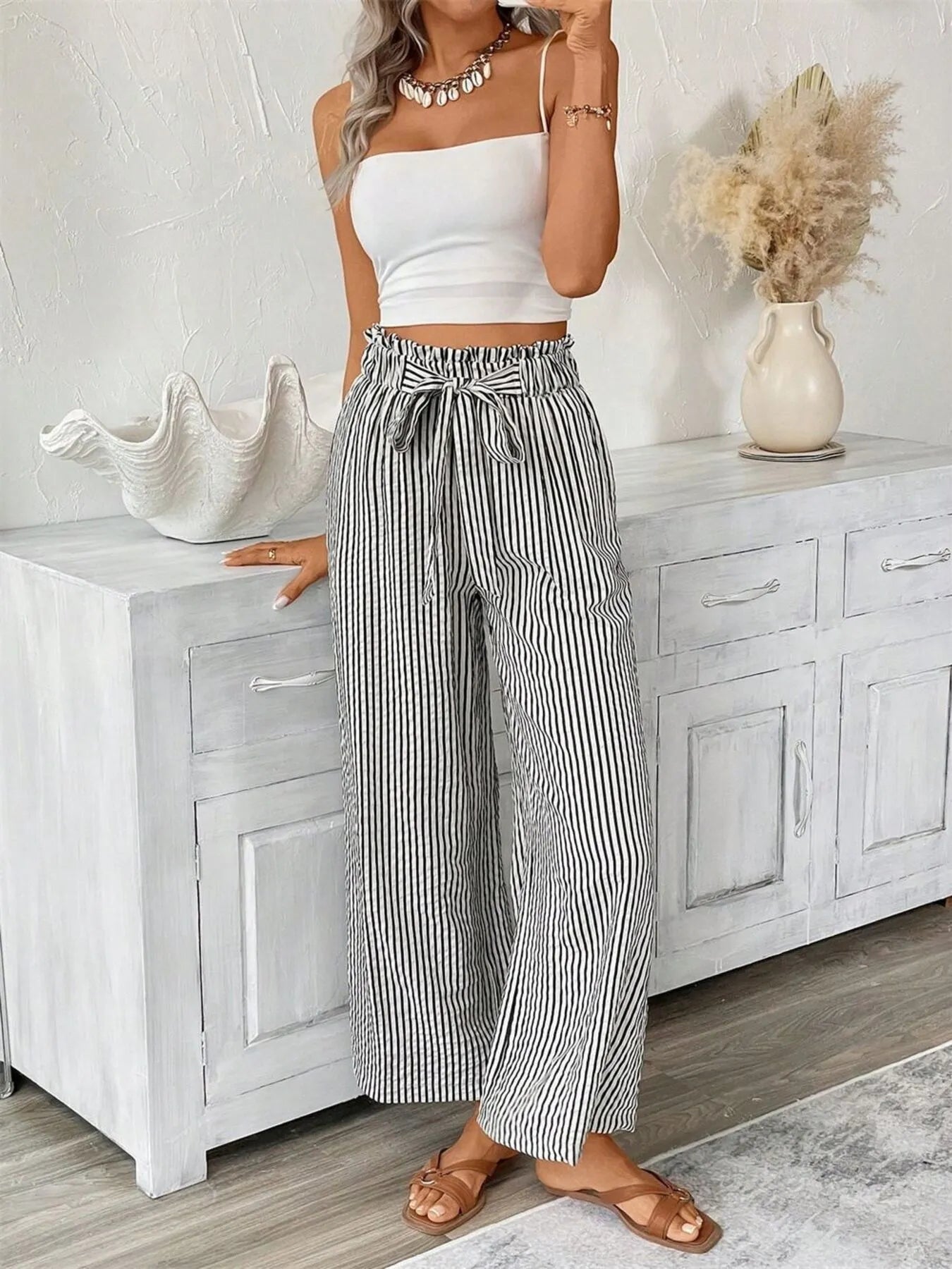 Full Size Striped Wide Leg Paper Bag Pants Plus Size - kinko
