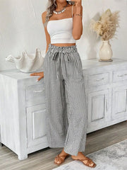 Full Size Striped Wide Leg Paper Bag Pants Plus Size - kinko