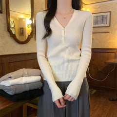 Waist-tight Slimming V-neckline Long-sleeved Women's Temperament Commute Pure Sweater - kinko