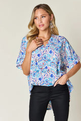 Double Take Full Size Printed V-Neck Short Sleeve Blouse - kinko