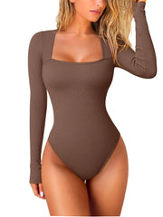 Oumeiya Sexy Rib Square Collar Long Sleeve Belly Contracting Casual Women's Jumpsuit - kinko