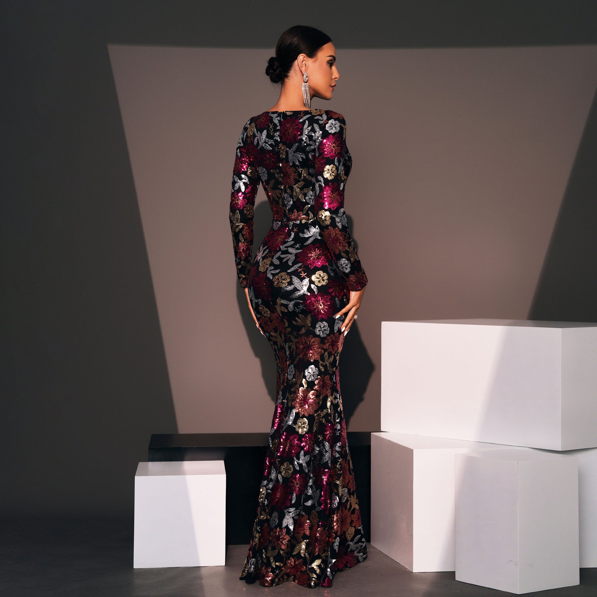 Evening Gown Long Sleeve Temperament Crew Neck Long Sequined Banquet Bridesmaid Dress - kinko