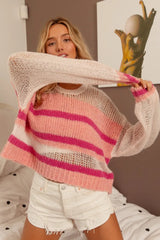 BiBi Hollow Out Yoke Detail Striped Sweater - kinko