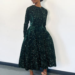 Women's Round Neck Long Sleeve Pure Color Sequins Mid-length Formal Dress - kinko