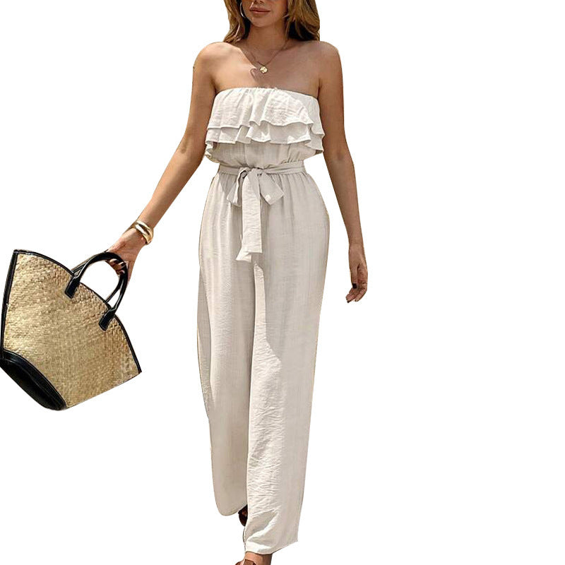 Women's Summer Sleeveless Tube Top Jumpsuit Ruffled Tied Jumpsuit - kinko