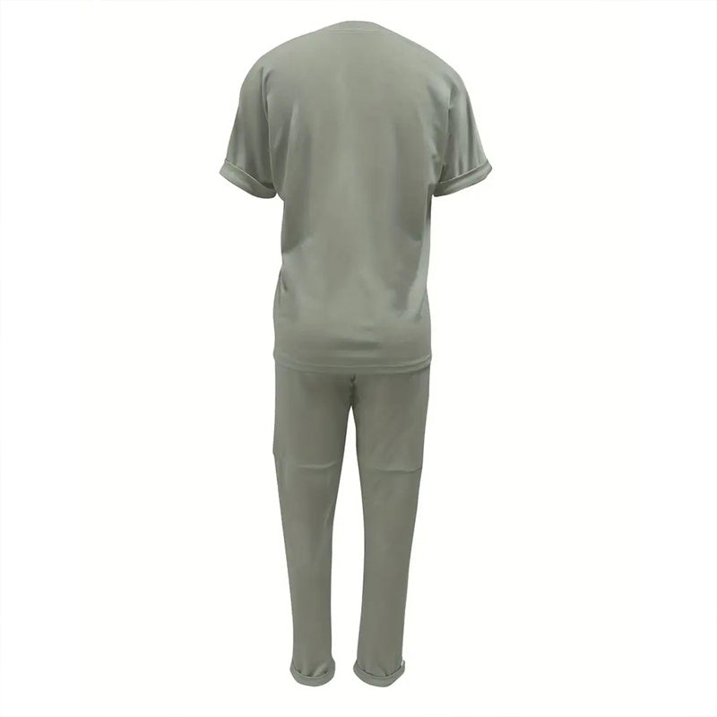 Women's Solid Color Short Sleeve Two-Piece Set - Round Neck, Stripe Trim, Tie Waist Belt, Pockets Spring&Summer Casual Outfit - kinko