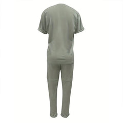 Women's Solid Color Short Sleeve Two-Piece Set - Round Neck, Stripe Trim, Tie Waist Belt, Pockets Spring&Summer Casual Outfit - kinko