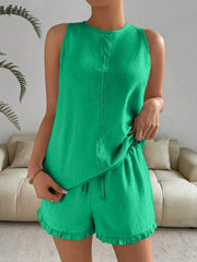 Lace Detail Round Neck Tank and Shorts Set - kinko