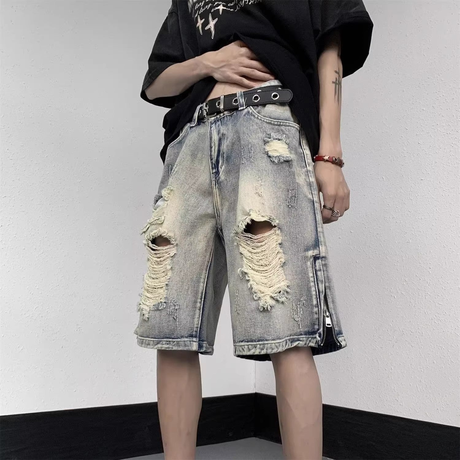 American High Street Retro Tattered Jeans Denim Shorts Wide Leg - kinko