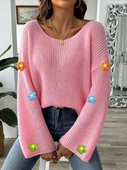 Flower Round Neck Long Sleeve Sweater - kinko
