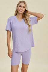 Basic Bae Full Size Ribbed V-Neck Short Sleeve Top and Shorts Set - kinko