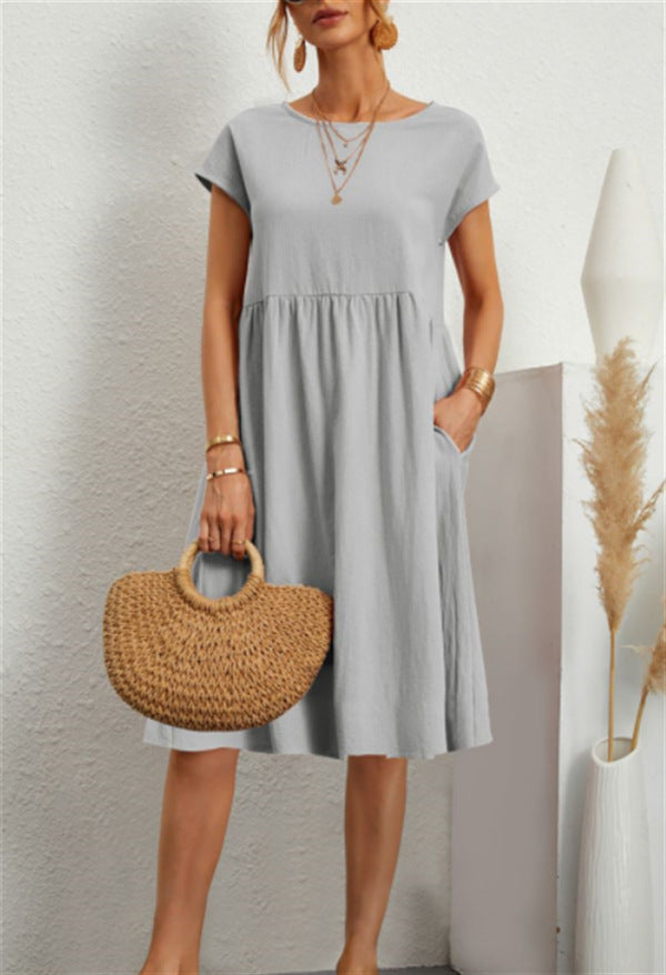 Summer Short-sleeved Dress With Pockets Fashion Solid Round Neck A-line Dresses For Women Clothing - kinko