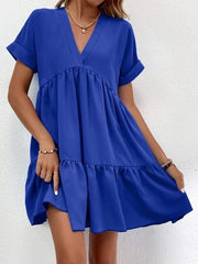 New Short-sleeved V-neck Dress Summer Casual Sweet Ruffled Dresses Solid Color Holiday Beach Dress For Womens Clothing - kinko