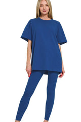 Zenana Cotton Round Neck Top & Legging Set - kinko