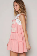 POL Lace Patchwork Detail Denim Overall Dress - kinko