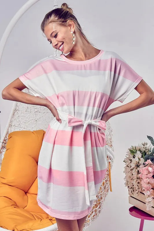 BiBi Tie Front Striped Short Sleeve Dress - kinko