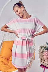 BiBi Tie Front Striped Short Sleeve Dress - kinko