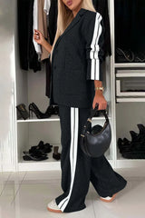 Full Size Contrast Lapel Collar Top and Pants Set - kinko