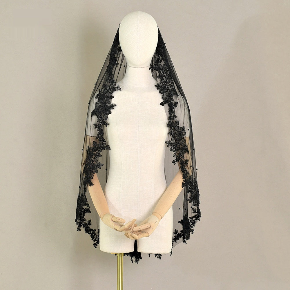 Exquisite Lace Black Veil Pearl Bridal Veil - kinko
