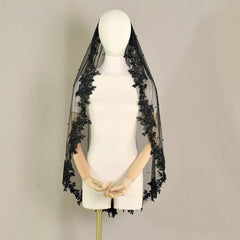 Exquisite Lace Black Veil Pearl Bridal Veil - kinko