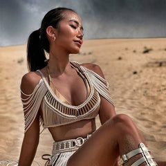 Women's Hand-woven Tassel Dress Creative Beach Travel Sexy Split Chest Wrap - kinko