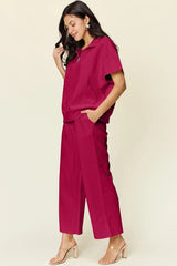 Double Take Full Size Texture Half Zip Short Sleeve Top and Pants Set - kinko