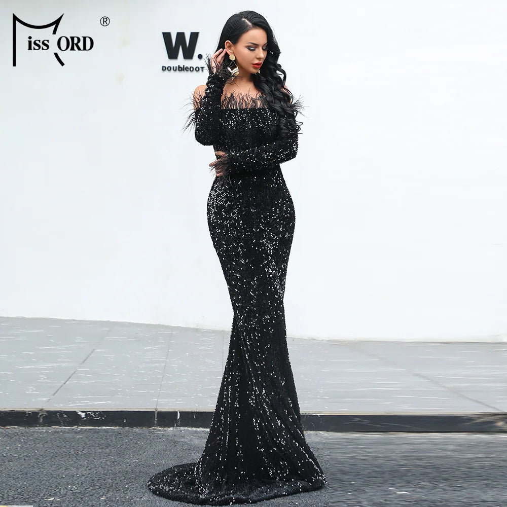 Women Sexy Off Shoulder Long Sleeve Feather Elegant Sequin Maxi Dresss - kinko