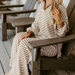 Khaki Stripe Collared Pullover Top And Drawstring Pant Set - kinko