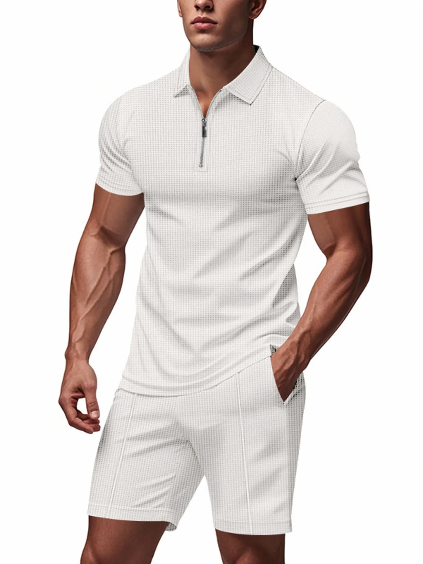 Men's Plus Size Quarter Zip Short Sleeve Top and Shorts Set - kinko