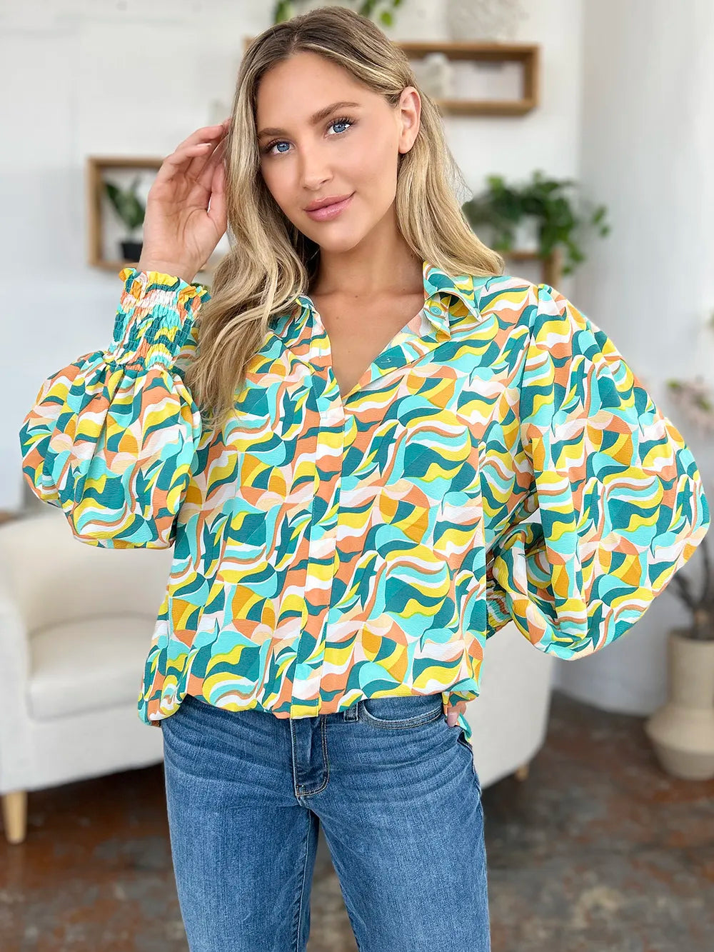 Double Take Full Size Printed Smocked Long Sleeve Blouse - kinko