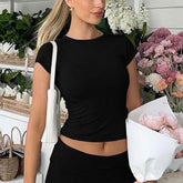 Casual Women's Workout Two-piece Short Sleeve High Waist Fold Bell-bottom Pants Shorts - kinko