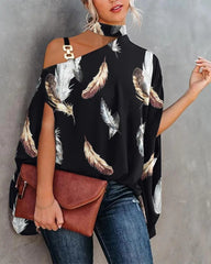 Wear Halter Shawl Printed Elegant Short Sleeve Bat Shirt - kinko