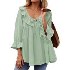 Round Neck Tied Front Dart Multi-layer Loose Waist Shirt - kinko