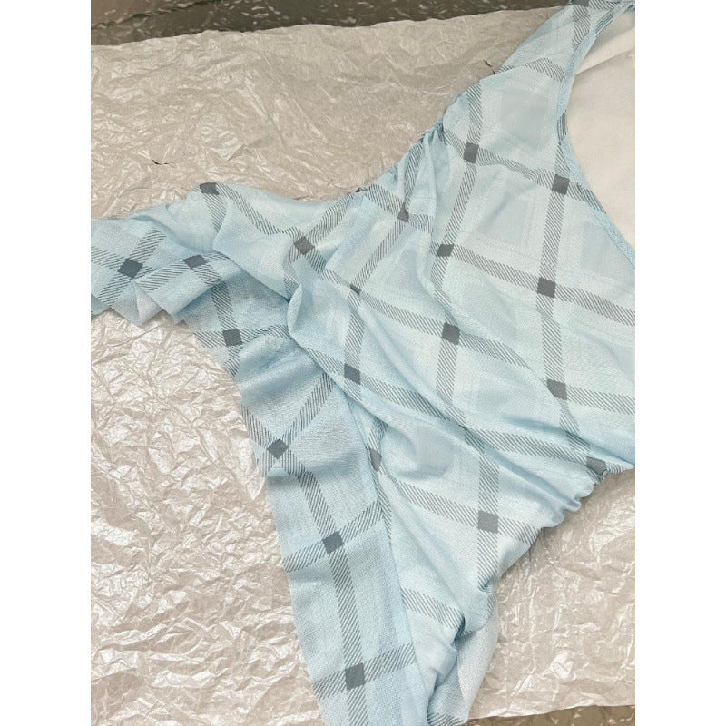 Blue Suit Mesh Stretch Slim Strap Top Lace Cake Dress - kinko