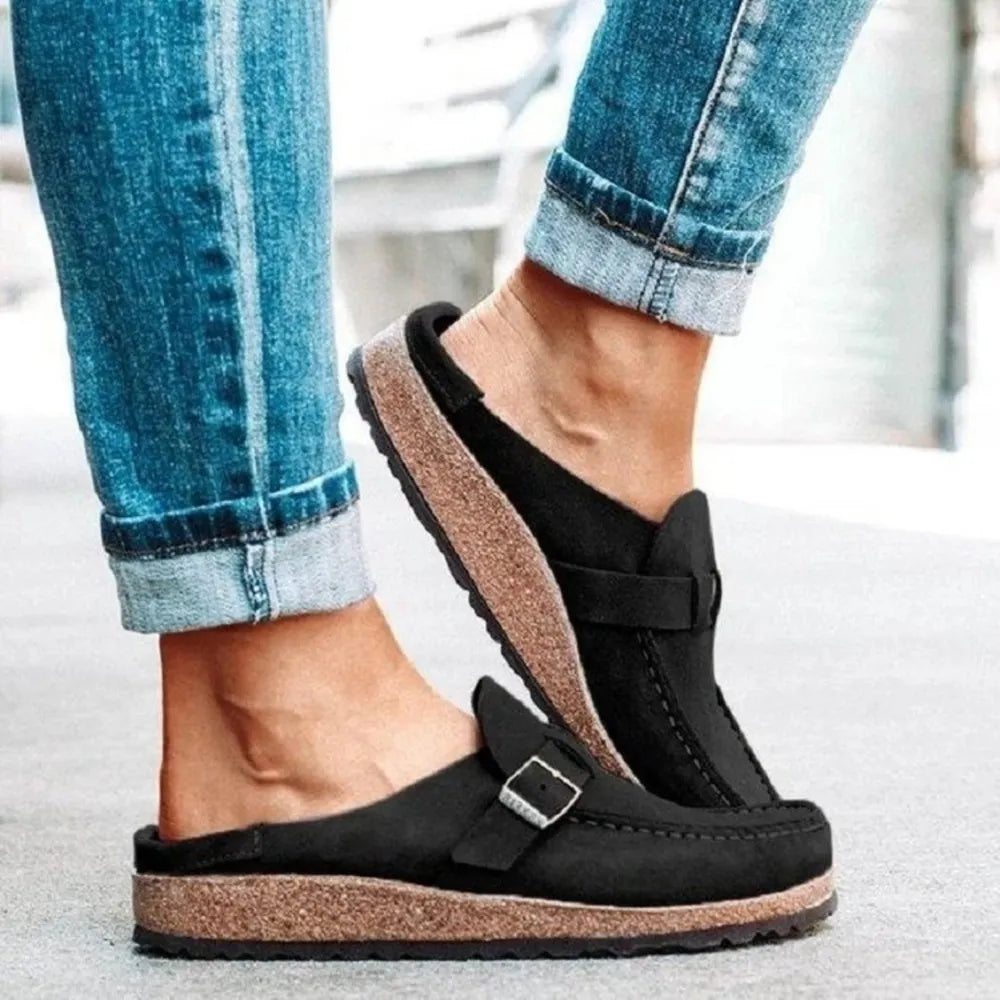 Round Toe Low Heel Buckle Loafers - kinko