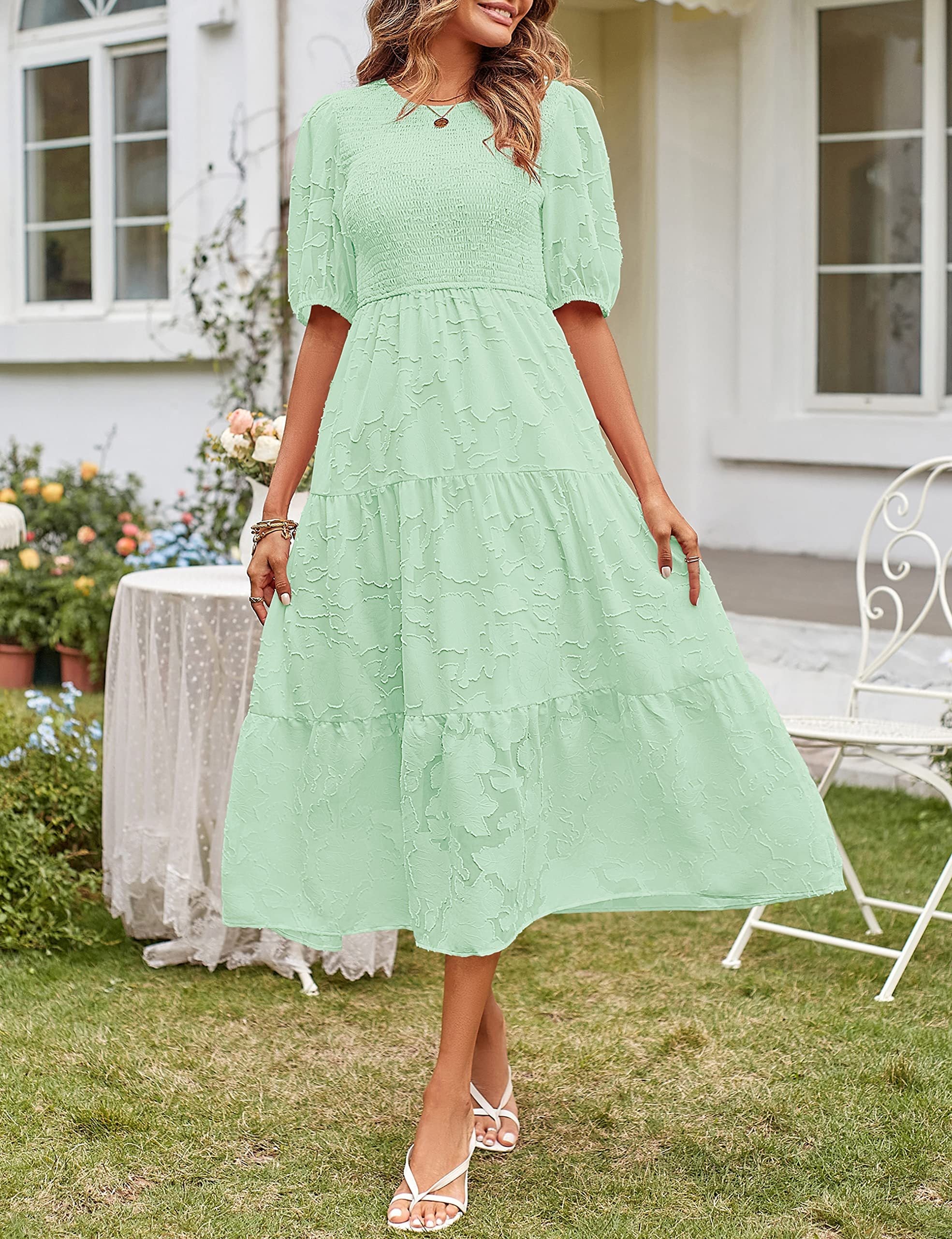 Women's Summer Casual Lace Dress Floral Ruffle Puff Short Sleeve High Waist Midi Beach Dresses - kinko